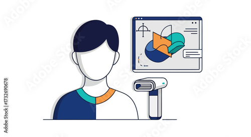 Modern illustration of a person with a 3D scanner and software.