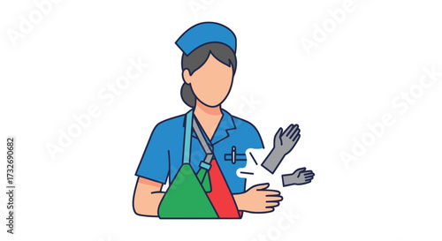Cartoon nurse character with a broken arm in a sling.