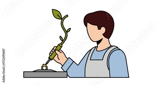 Faceless artisan using a unique soldering iron with a growing plant vine.