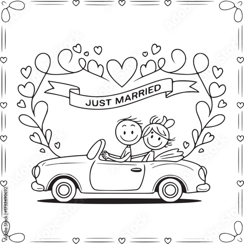 Just Married Couple Car Cartoon: Capturing the joy of newlywed, the couple starts their new chapter in the cute cartoon car with banner just married