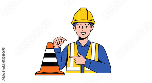 Male construction worker in safety gear pointing at a traffic cone.