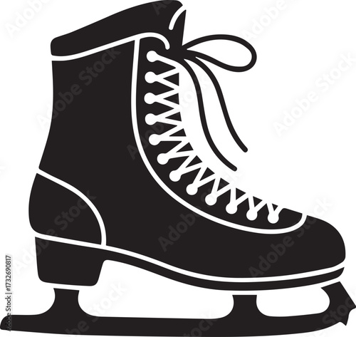 Black silhouette of a figure ice skate with white laces and blade detail for winter sports