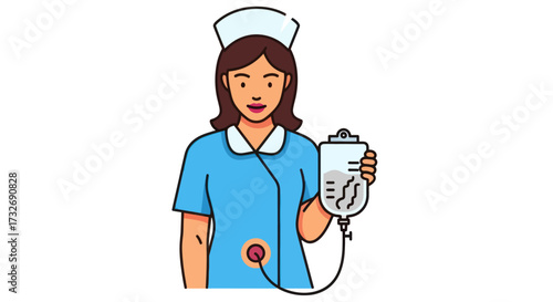 Cartoon illustration of a female nurse holding an IV bag.