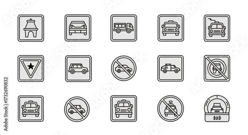 Set of various road signs and traffic regulations for vehicles.