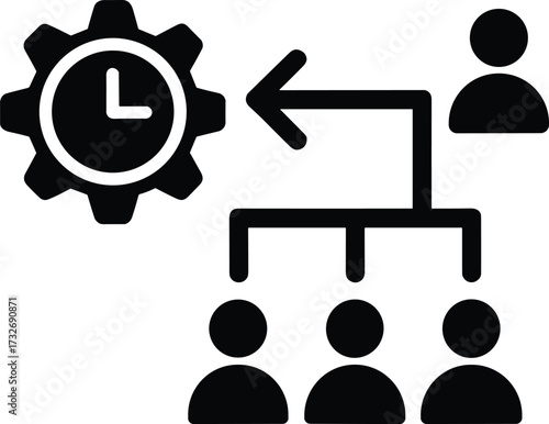 Delegation and time management icon, organizational hierarchy and scheduling concept, gear clock graphic for business efficiency, leadership strategy, and task assignment illustration