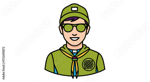 Cartoon illustration of a smiling boy scout in uniform and sunglasses.