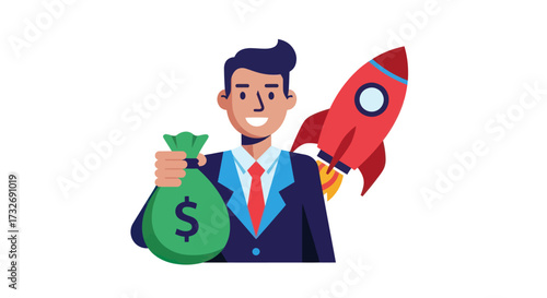 Successful businessman holding a money bag with a rocket launch.