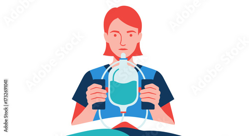 Vector illustration of a female nurse holding an intravenous therapy bag.
