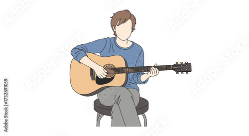 Simple illustration of a young man playing an acoustic guitar.