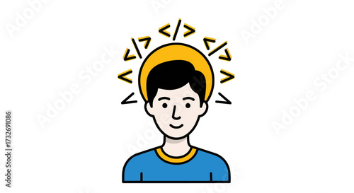 Cartoon illustration of a young programmer with a halo of code.