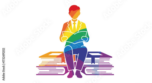 Rainbow colored silhouette of a person reading on a stack of books.