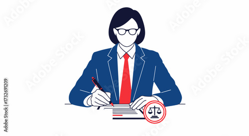 Illustration of a female lawyer signing a legal document at her desk.