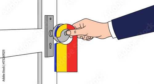 Businessman Hand Hanging a Do Not Disturb Sign on a Hotel Door Knob.