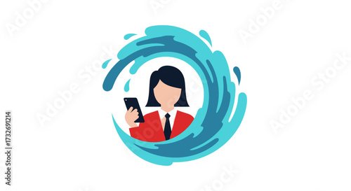 Businesswoman with smartphone inside a swirling water wave.