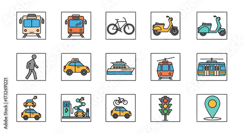 Transportation icons set various vehicles.