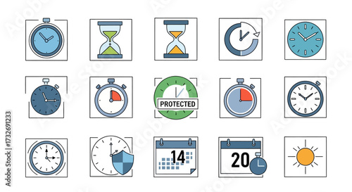 Time management icons set, clock watch timer.