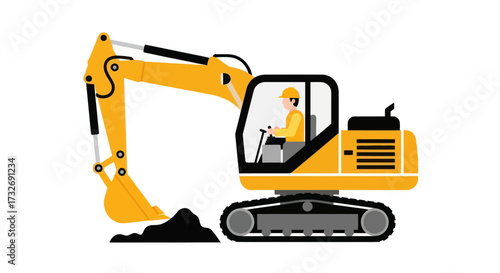 Yellow construction excavator with operator digging soil vector illustration.