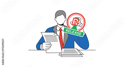 Businessman holding a document and a large release stamp for approval.
