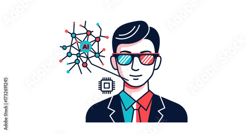 Man with 3D glasses connected to an AI neural network icon.