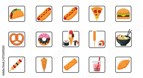 Variety of Fast Food and Snacks Icons.