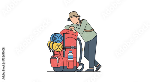 Young adventurer resting while leaning on a large red backpack.
