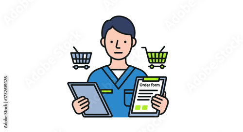 Inventory manager checking order form and digital tablet.