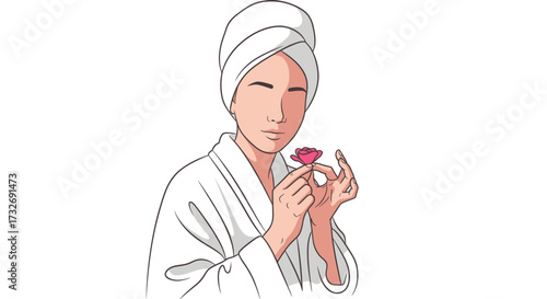 Illustration of a serene woman in a bathrobe smelling a flower.