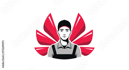 Stylized portrait of a male technician with a red floral emblem.