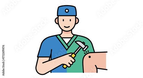 Cartoon doctor performing a neurological reflex test on a knee.