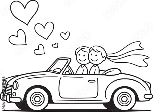 Love on Wheels: An illustrated image of a couple in love, celebrating their union in a classic convertible car, with hearts floating in the sky.