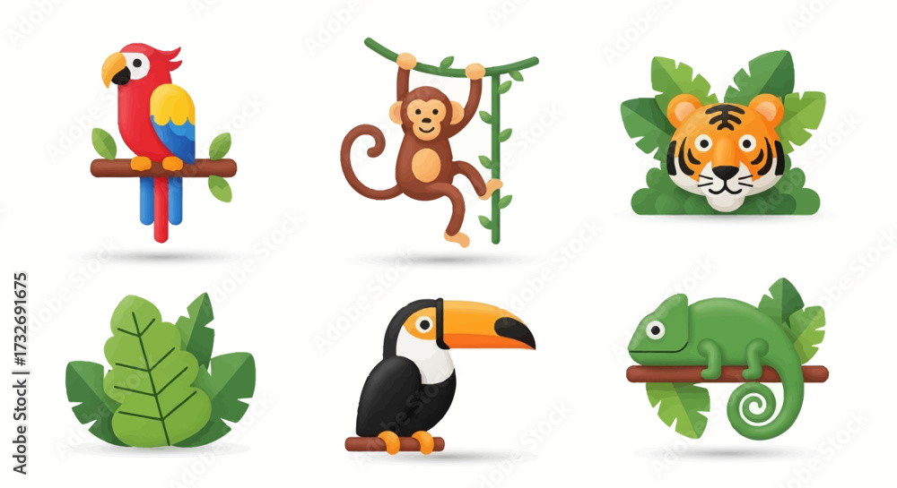 Obraz premium Vibrant Tropical Animals Collection Parrot Monkey Tiger Toucan Chameleon.