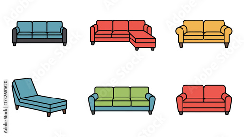 Vector art of diverse collection of sofas, showcasing various styles, colors, and designs for modern living room furniture