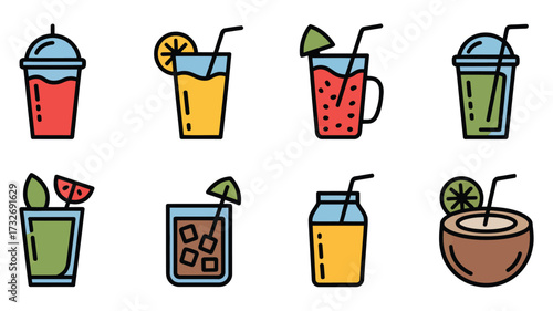 Vector art of collection of refreshing summer drinks, including cocktails, juices, and smoothies for a tropical vacation vibe