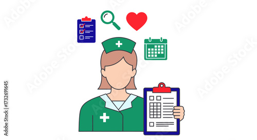 Female Nurse in Green Uniform Holding Clipboard with Health Icons.