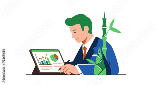 Businessman analyzing financial data on tablet with bamboo plant.