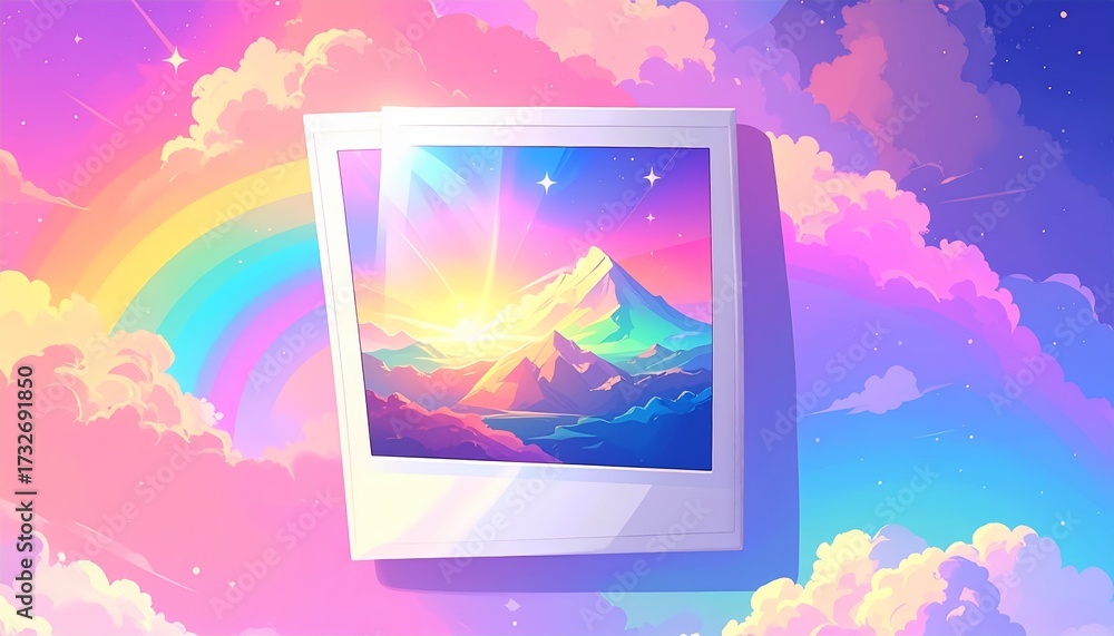 Fototapeta premium Polaroid Photo of a Vibrant Mountain Landscape with Rainbow and Clouds.