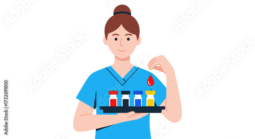 Female nurse holding a tray with blood samples for medical testing.