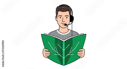 Man with headset reading a green book with a leaf design.