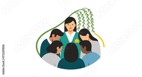 A diverse group of people gathered around a female leader for a support meeting.