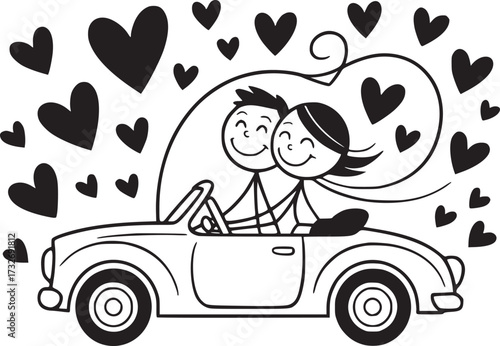 Love in Motion: A sweet couple embarks on a journey of love, joyfully cruising in a classic car, surrounded by symbols of affection and happiness.