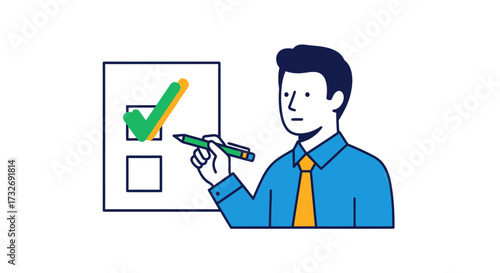 Businessman with a pen marking a green checkmark on a checklist.
