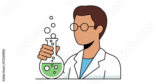 Male scientist character holding a bubbling chemical flask.