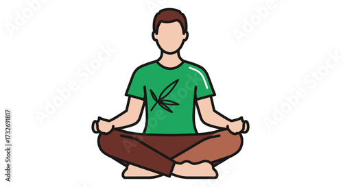 Man meditating in lotus pose wearing a cannabis leaf shirt.