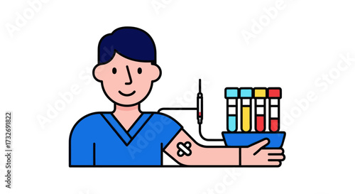 Illustration of a young man after a blood draw procedure.