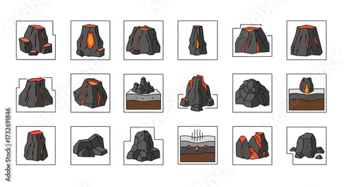 Volcano icon set showing eruption magma and cross sections.
