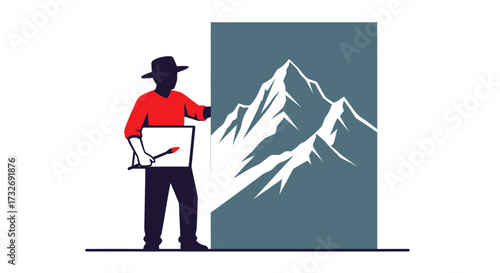 Stylized artist with palette and brush painting a mountain.