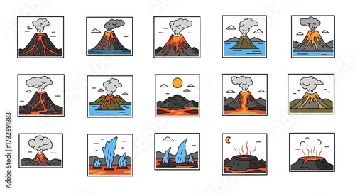 Volcano Eruption Set Vector Illustration.