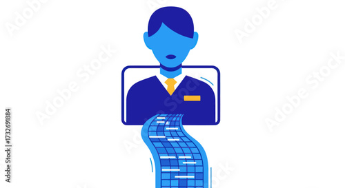 Digital avatar emerging from a computer screen with a data stream.