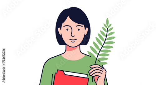 Illustration of a young woman holding a red folder and a green fern leaf.