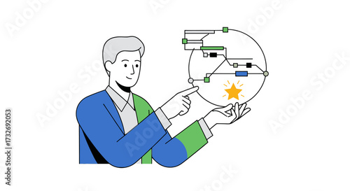 Businessman analyzing a complex circular data network diagram.